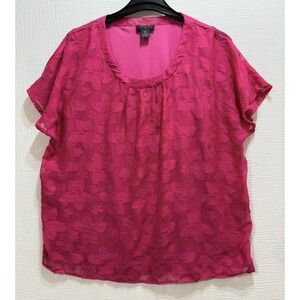 Investments II Top Women's 2X Pink Crew Neck Short Sleeve Floral Appliqué Casual